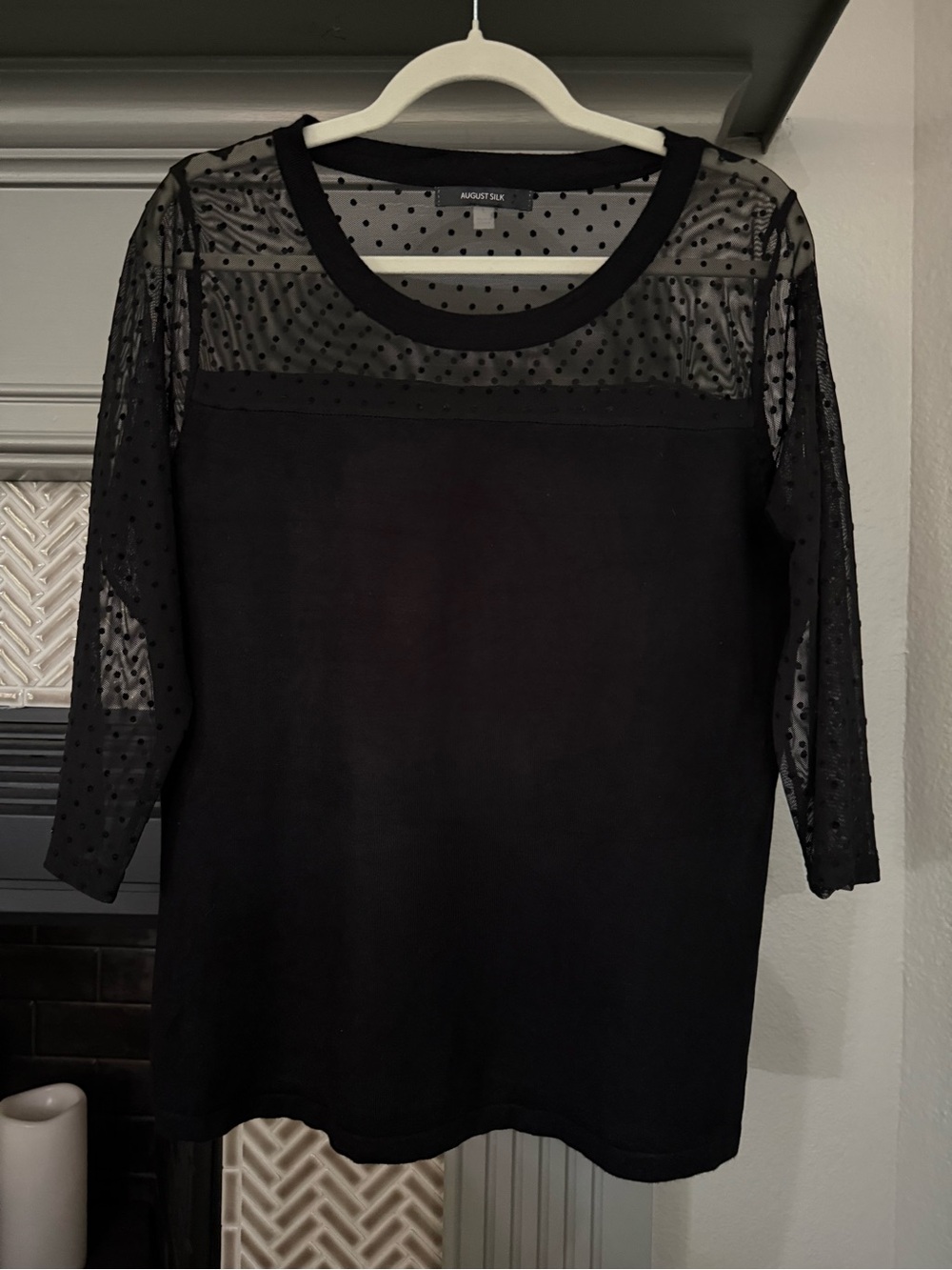 august silk Black Top with Sheer Polka Dot Yoke and Sleeves